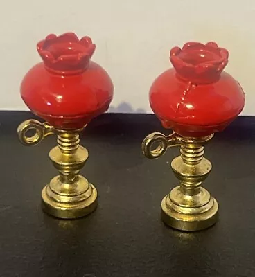 2 - Vintage 1.75 In Dollhouse Miniature Brass Metal Hurricane Lamp W/Red Shade • $4.99