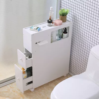 Slim Bathroom Storage Cabinet Toilet Storage Organizer W/ Slide Out Drawer White • $53