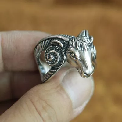 925 Sterling Silver Ram Horn Goat Aries Zodiac Mens Biker Punk Skull Ring TA123B • £57.59