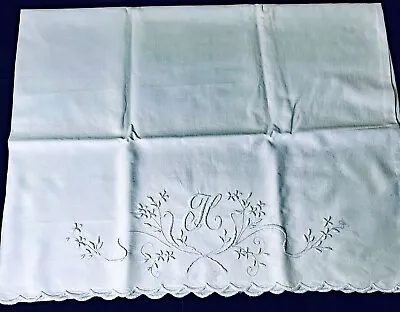 Antique Hand Embroidered Linen Pillowcase With Scallops  XX519 • $65