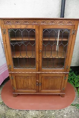 Jaycee Carved Oak Bookcase 2 Leaded Doors Adjustable Shelves Cupboard Base. • £245