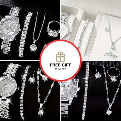 Ladies 5 PIECE Jewellery Set Watch Earrings Ring Bracelet + FREE GIFT • £3.95