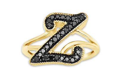 0.25 CT Black Natural Diamond Initial Alphabet  Z  Ring In 14K  Gold Plated • $203.37