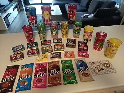 M & M's Collectable Lot Of 32 Tin Cups/Cases/Cards/Promotional Wrappers Etc. • $250