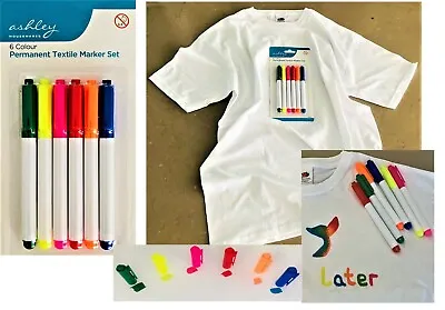 6 X Fabric Marker Pens Set. Permanent On Clothing Textiles Dye T-Shirt Shoes Etc • £5