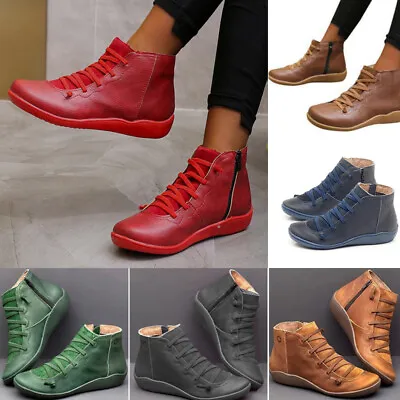 £11.24 • Buy Women Winter Ankle Boots ARCH SUPPORT PU Leather Stitch Shoes Flat Heels Loafers