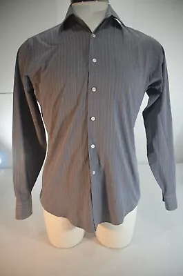 Van Heusen Men Button Up Shirt Size 15 1/2 34/35 Fitted Gray With Purples Stripe • $10.59