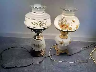 2 Vintage Hurricane Table Lamps Milk Glass Tested Works 20  Tall • $250