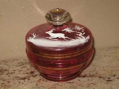 Vintage Cranberry Art Glass- Mary Gregory ? Dish & Lid- Deer Stag Woods • $85.44
