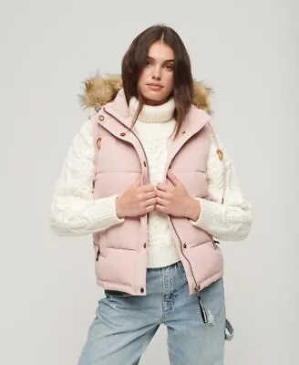 Superdry Womens Everest Faux Fur Puffer Gilet Hooded  Jacket Quilted Pink Blush • $193.61