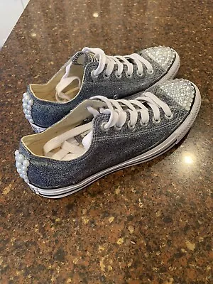 Converse BLING Silver Blue Metallic Sneakers With Rhinestones/pearls Size 9.5 • $29.99