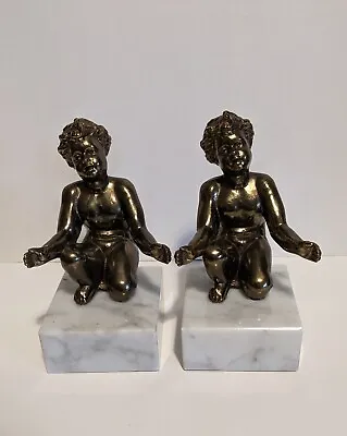 Pair Of Vtg  Fine Marble Paperweights/Bookends W/ Metal Boy/Cherubs • $30