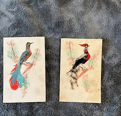 2 Vintage Mexican Folk Art Feather Art Bird Painted • $10