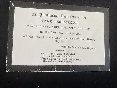 1869 In Memoriam Funeral Mourning Card Jane Cockroft Age 21 Great Horton Yorks • £3