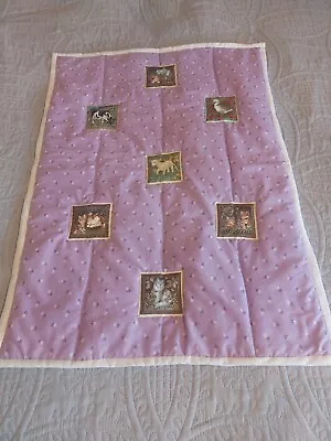 New BABY Cot Quilt Mauve Tiny White Flowers 4 Cats Duck Cow Lamb Reversible. • £6.50