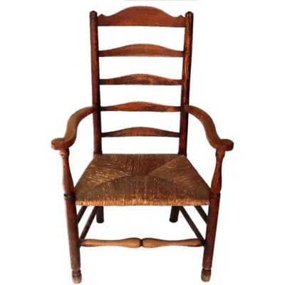 Early Antique English Oak Rush Seat Ladderback Armchair 18th Century • $862.50