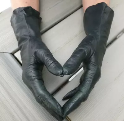 Vintage CHRISTIAN DIOR Black Leather Gloves 11  Long Size 7 • $52