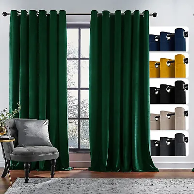 Velvet Blackout Curtains Eyelet Ring Top Fully Lined Ready Made Curtain Panel UK • £33.49