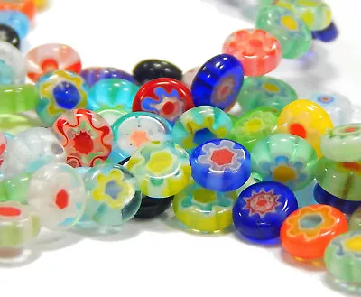 Glass Beads Millefiori 6 Mm Disc Mixing Color With Flower 1 Strand For Jewelry D83G • £6.87