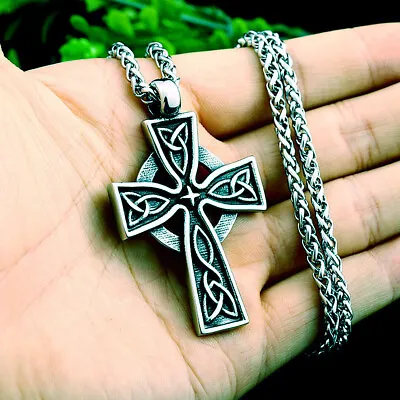 Mens Irish Celtic Knot Cross Pendant Necklace Stainless Steel Chain Silver • $10