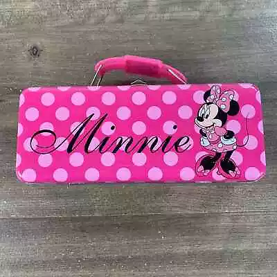 Disney Minnie Mouse Tool Tin Storage Pencil Box Pink With Handle Hinged Latch • $12.98