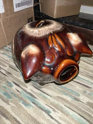 Vintage 1957 Hull Pottery HP CO Corky Pig Ceramic Piggy Bank 4.5  High Brown  • $35