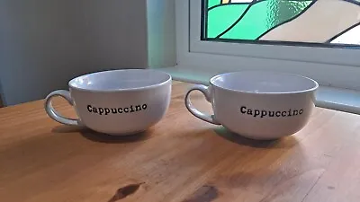 Cappuccino Cups X 2 Large White Stoneware Round Cup Black Embosed Lettering. • £16.99