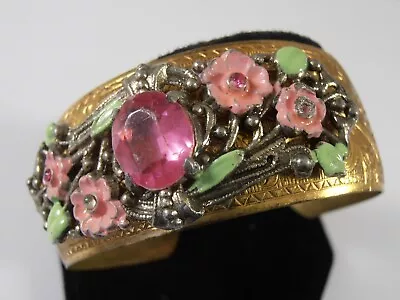 Vtg 1940s Gold Tone Enamel Flower Pink Rhinestone Cuff Bracelet Floral Etched • $19.99
