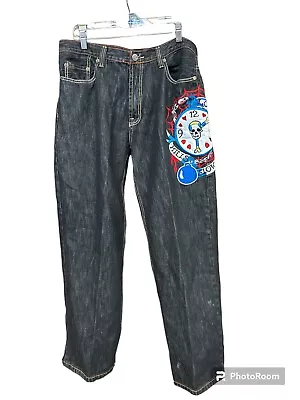 Ed Hardy  Love Kills Slowly  Skull Embroidered Straight Button Fly Jeans 38 X 32 • $59.99