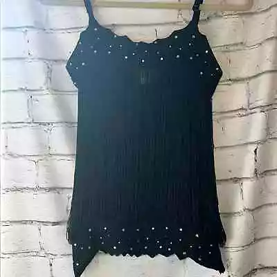 MKM Designs Ladies Black Fringe Tank Top W/ Rhinestone Details Size Medium • $18