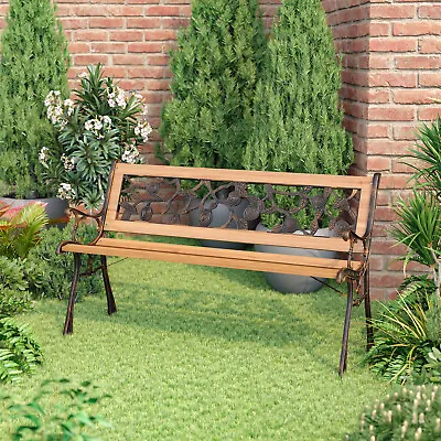 Outdoor 3 Seats Steel Garden Bench Cast Iron Leg Wood Park Patio Love Seat Chair • £69.95