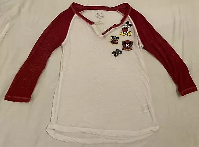 Disney Red & White Mickey Mouse Patches Burnout Raglan T-Shirt Sz S (3-5) Sheer • $13.20