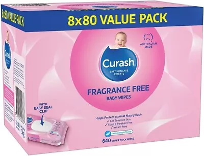 Brand New Curash Fragrance Free Baby Wipes 640 Wipes (8 X 80 Pack) Free Shipping • $25.99