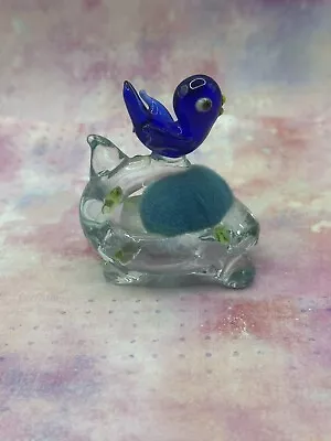 Vintage Singing Glass Bluebird Sewing Pin Cushion Green Accents Hand Blown 2.5” • $11