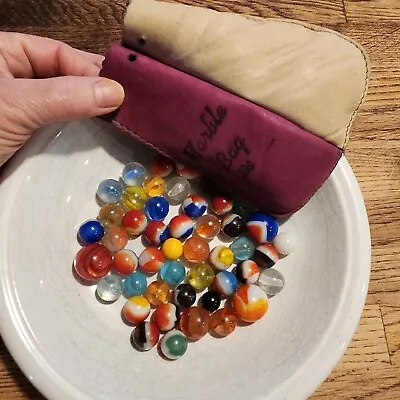 Vintage Lot Of 45 Marbles & 4 Boulders W/Leather Pouch • $29
