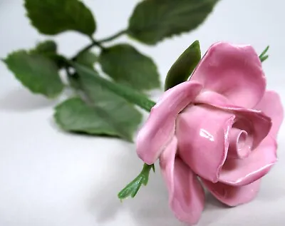 Vtg Porcelain Flower Pink Rose Long Stemmed Plastic Stem Leaves Bone China 12in • $49.99
