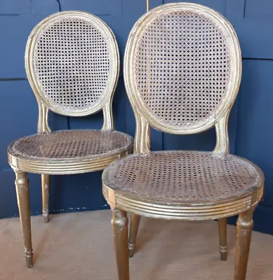 Pair Of Antique FRENCH Louis GOLD Gilt Cane Shabby Chic Hall Boudoir Side Chairs • £325