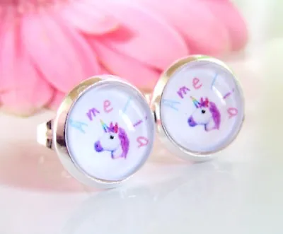 Unicorn Emoji Personalised Name Pink Pastel Rainbow Kids Adults Stud Earrings • £5.99