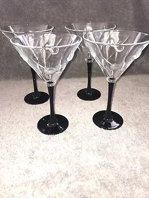 Martini Glasses 3D Raised Embossed Olives/Toothpicks Black Stems 7 1/2” Set Of 4 • $45.95