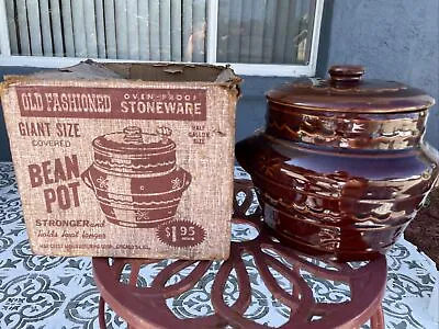 Marcrest Stoneware Bean Pot Crock W Lid DAISY DOT Ovenproof Brown Vintage In Box • $179