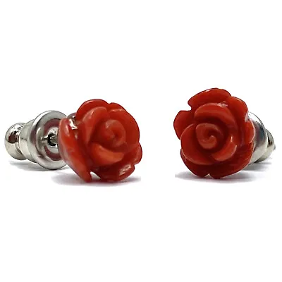 Vtg Rose Shaped Carved Coral Stud Earring Sterling Silver Posts • $22.13
