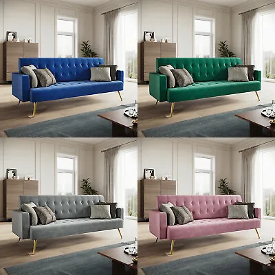 Luxury Velvet Multicolor Sofa Bed 3 Seater Nonwoven Contrast Gold Metal Legs • £196.99