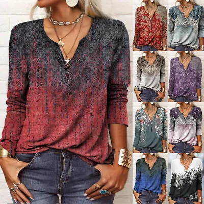 $18.02 • Buy Womens Floral V Neck Long Sleeve T Shirt Blouse Casual Loose Tunic Tops Pullover