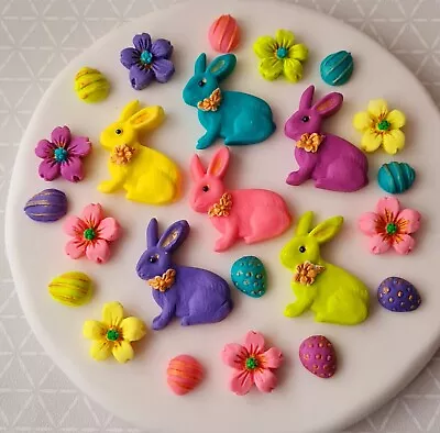 18 X Easter Cake  Fondant Bunny Rabbit Flowers Eggs  Decorations Handmade • £14.99