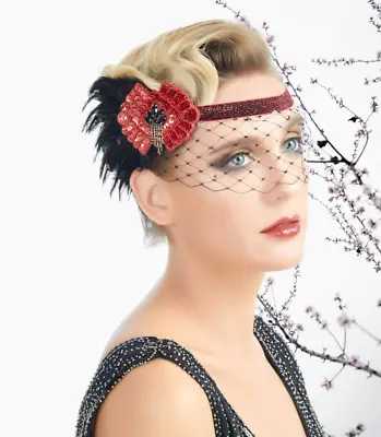 1920s Flapper Red Headband Black Feather Sequins Net Headpiece Gatsby Party 20s • $10.99