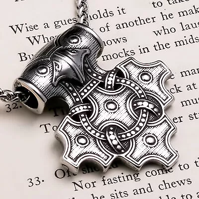Viking Mjolnir Thor's Hammer Raven Cross Stainless Steel Pendant Necklace • $24.99