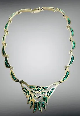 Vtg TAXCO Mexico Sterling Silver Malachite Inlay Necklace 18” Tribal 78 Grams! • $127.49