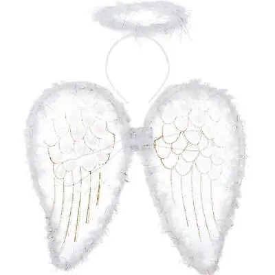 White Feather Wings Halo Gold Glitter Wings Angel Fairy Nativity Fancy Dress Set • £4.49