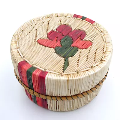 Flower Striped Porcupine Quill Birch Bark Box Native American 3x2 Inch Round VTG • $68.98