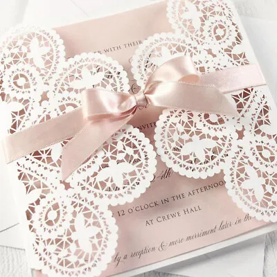 10 Pieces/lot White Lace Rose Gold Bowknot Wedding Invitation Card Laser Floral • £14.99